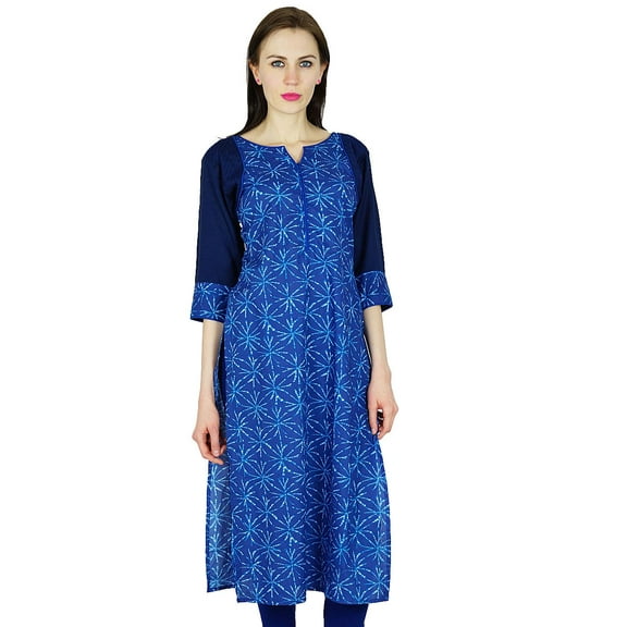 Bimba Women Straight Kurta Long custom Cotton Kurti 3/4 Sleeve Blue Top Ethnic