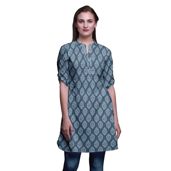 Bimba Women Straight Kurta Mandarin Collar Printed Dress Short Kurti Tops