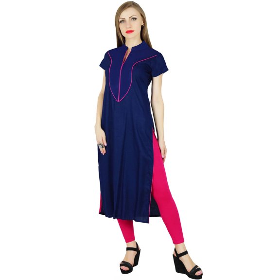 Bimba Women Summer Kurti Kurta Solid Yoke Blue Tunic Casual Boho Chic Blouse