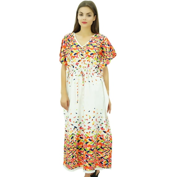 Bimba Women V-neck Printed Kaftan Kimono Cotton Maxi Drawstring Caftan Night Dress