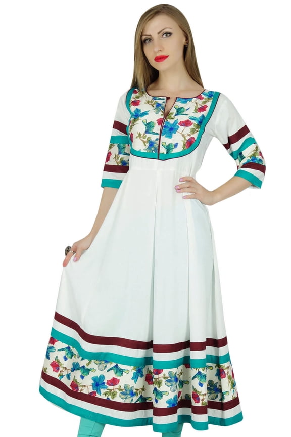 Women White Flaired Anarkali Kurta Kurti Floral Spring Summer Maxi Blouse