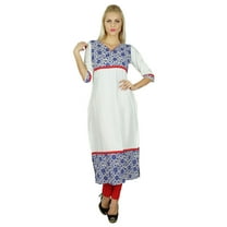 Bimba Women White Indian Ethnic custom Kurti 3/4th Sleeve Tunic Long Blouse Top