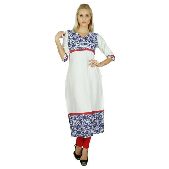Bimba Women White Indian Ethnic custom Kurti 3/4th Sleeve Tunic Long Blouse Top