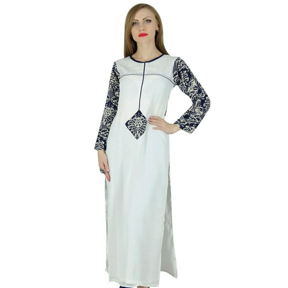 Bimba Women White Lawn Kurta Kurti Straight Georgette Long Sleeve Blouse Gift