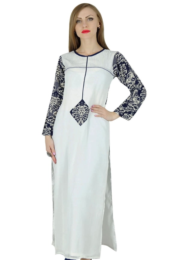 Women White Lawn Kurta Kurti Straight Georgette Long Sleeve Blouse Gift