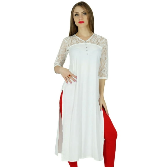 Bimba Women White Rayon Kurta Kurti Lace Sleeves Summer Day Tunic Blouse