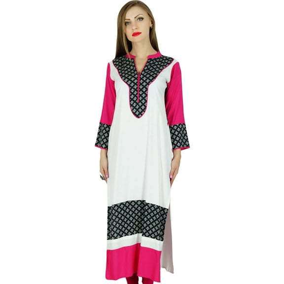 Bimba Women White Rayon Kurta Kurti Long Sleeve Formal Indian Ethnic Boho Blouse