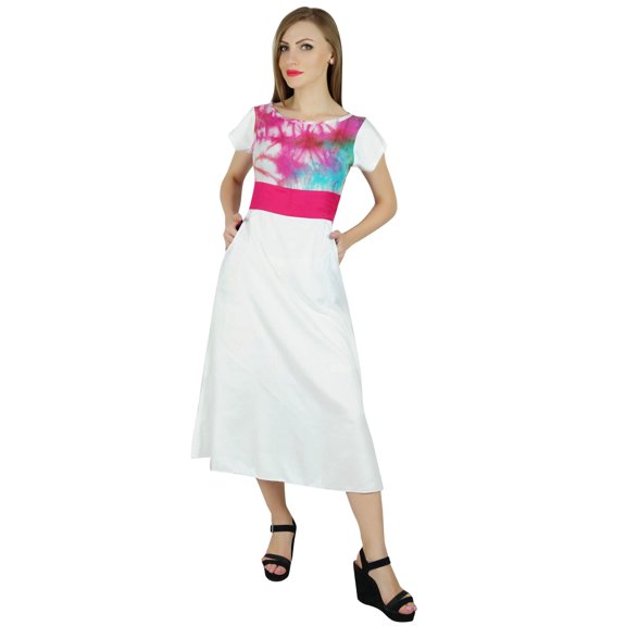 Bimba Women White Rayon Shift Dress With Pocket Knee Length Summer Resort Wear