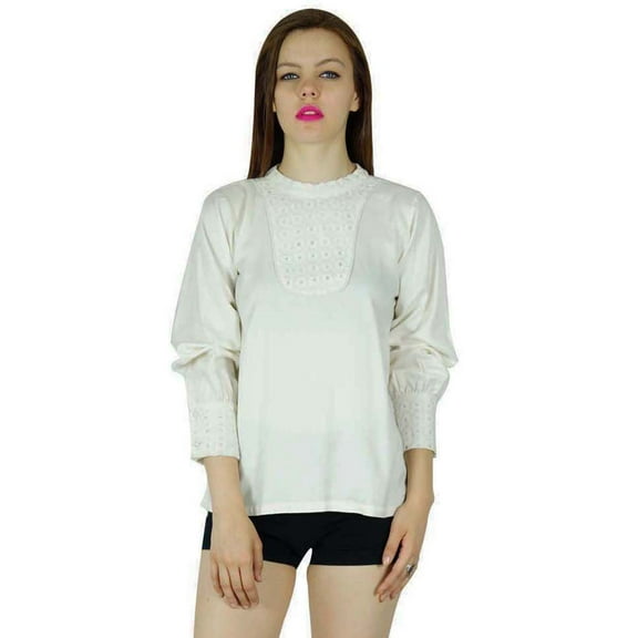 Bimba Women White custom Rayon Short Top Long Sleeve Soft Comfy Blouse