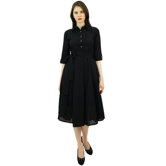Bimba Women's 3/4 Sleeve Linen Collar Neck Solid Flared Shirt Dress with Side Pockets