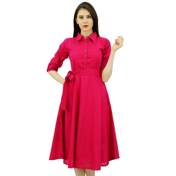 Bimba Women's 3/4 Sleeve Linen Collar Neck Solid Flared Shirt Dress with Side Pockets