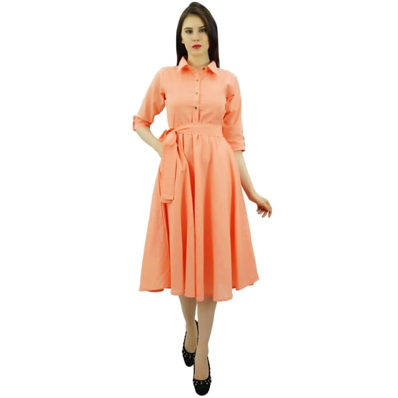 Bimba Women's 3/4 Sleeve Linen Collar Neck Solid Flared Shirt Dress with Side Pockets