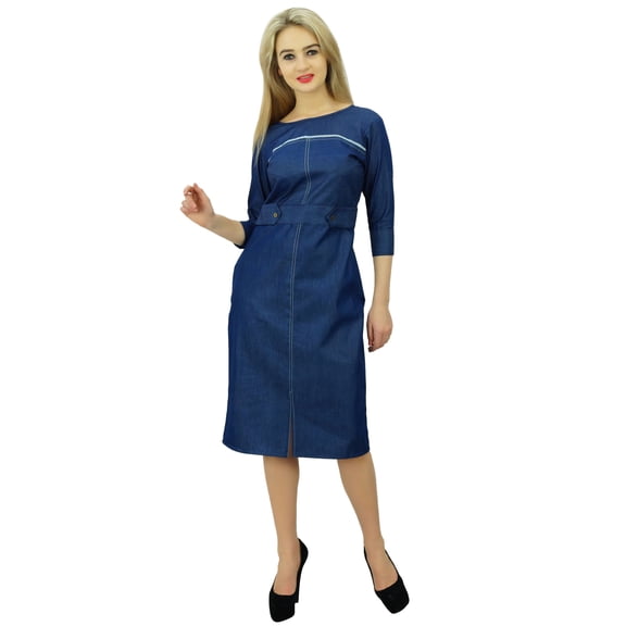Bimba Women's 3/4 Sleeve Round Neck Blue Denim Dress Casual Shift Dress