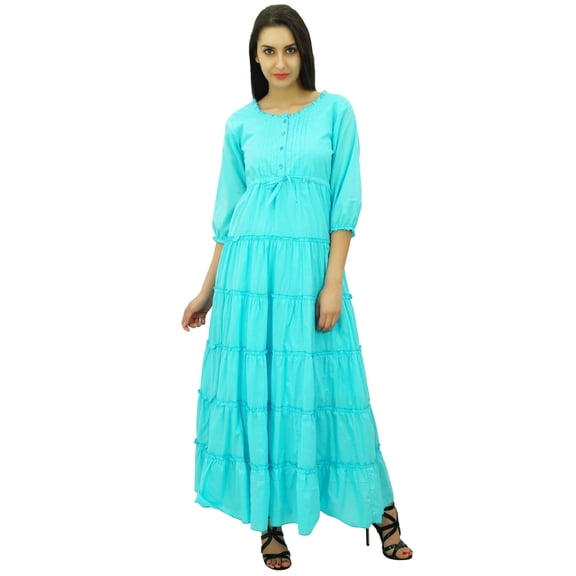 Bimba Women's 3/4 Sleeve Summer Cotton Maxi Dress Drawstring Waist