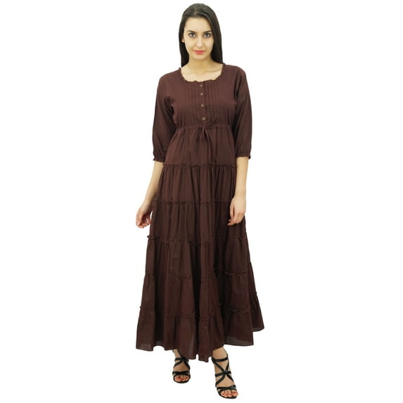 Bimba Women's 3/4 Sleeve Summer Cotton Maxi Dress Drawstring Waist