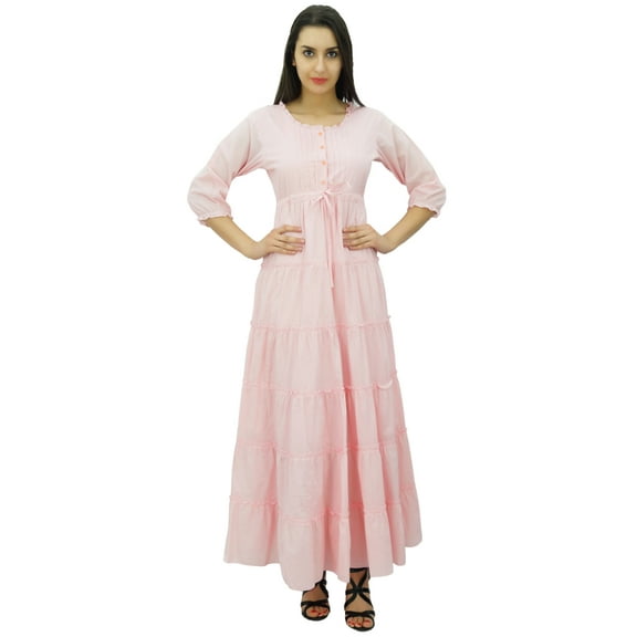 Bimba Women's 3/4 Sleeve Summer Cotton Maxi Dress Drawstring Waist