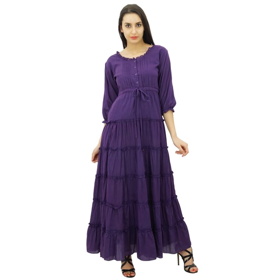 Bimba Women's 3/4 Sleeve Summer Cotton Maxi Dress Drawstring Waist