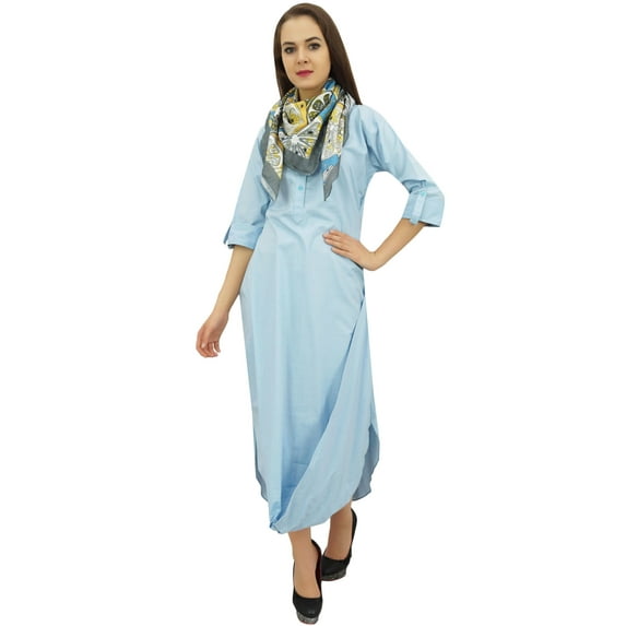 Bimba Women's 3/4 Sleeves Light Blue Casual Cowl Loose Maxi Dress With Scarf - 12