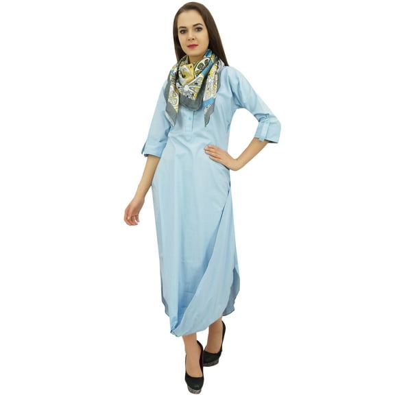Bimba Women's 3/4 Sleeves Light Blue Casual Cowl Loose Maxi Dress With Scarf - 8