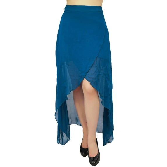 Bimba Women's Asymmetrical Blue Georgette Half lined High Low Sheer Skirt -XXL