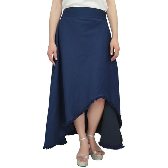 Bimba Women's Asymmetrical Denim Long Flared Navy Blue Skirt with Pockets-S