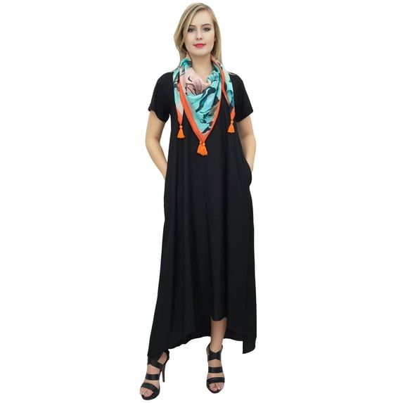 Bimba Women's Asymmetrical Hem Black Summer Maxi Pockets Dress With Scarf-16
