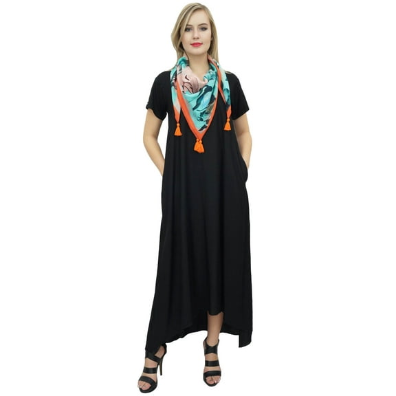 Bimba Women's Asymmetrical Hem Black Summer Maxi Pockets Dress With Scarf-22