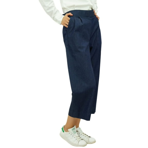 Bimba Women's Back Elastic Waistband Denim Culotte Capri Pants with Pockets