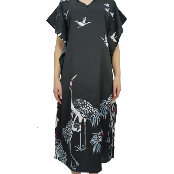 Bimba Women's Bird Print Black Satin Maxi Kaftan Caftan Designer Long Coverup-12