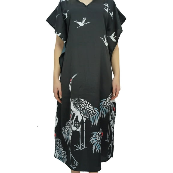 Bimba Women's Bird Print Black Satin Maxi Kaftan Caftan Designer Long Coverup-6