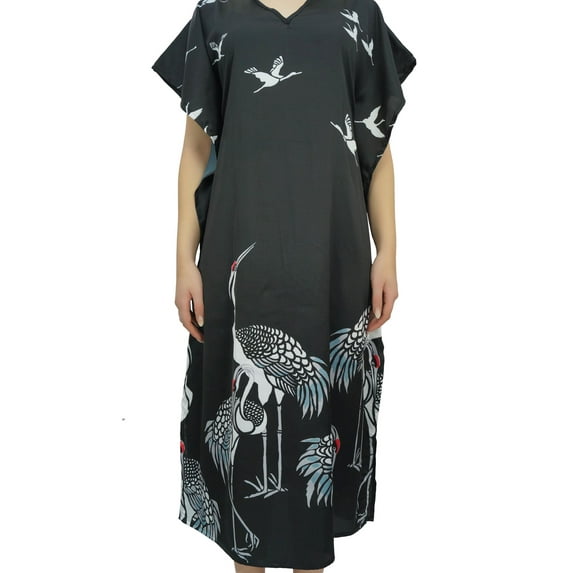 Bimba Women's Bird Print Black Satin Maxi Kaftan Caftan Designer Long Coverup-8