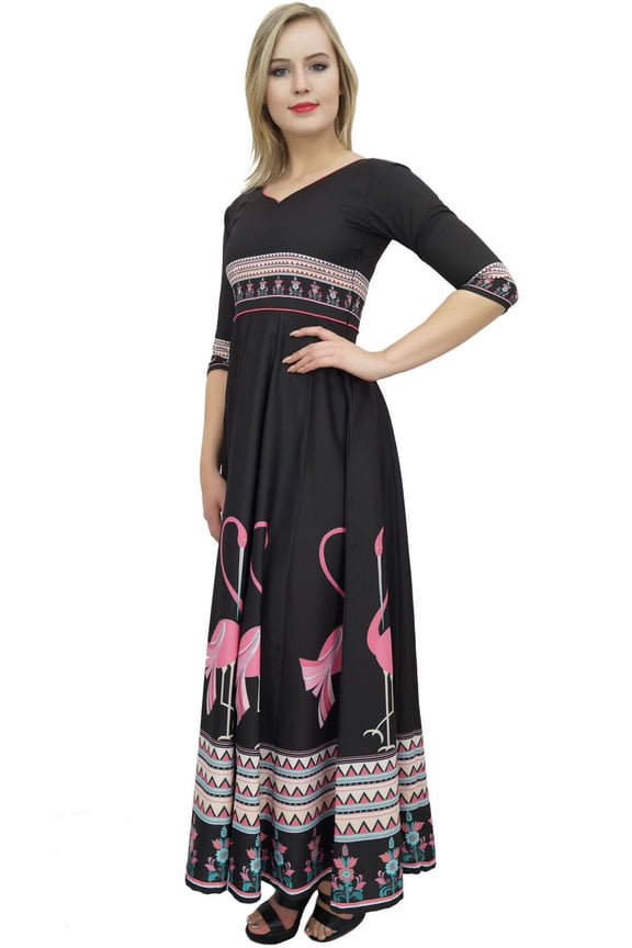 Women's Black Anarkali Maxi Dress Flamingo Print Kurta Designer Kurti-12