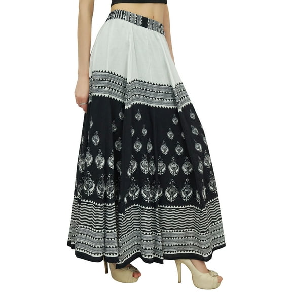 Bimba Women's Black Block Printed Cotton Elastic Waist Designer Maxi Skirt-S