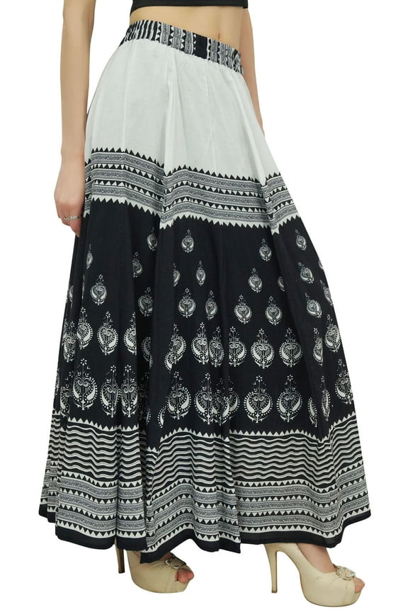 Women's Black Block Printed Cotton Elastic Waist Designer Maxi Skirt-S