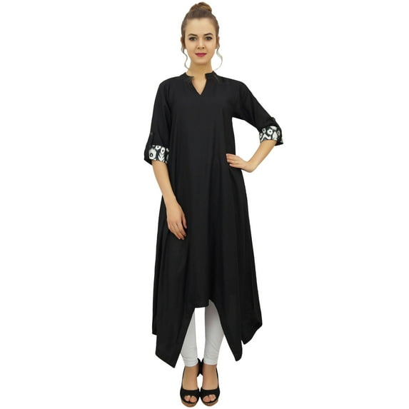 Bimba Women's Black Cotton Kurta With Scarf Asymmetrial Hem Summer Dress - 6