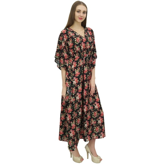 Bimba Women's Black Floral Printed Beach Long Coverup Maxi Dress Caftan-20