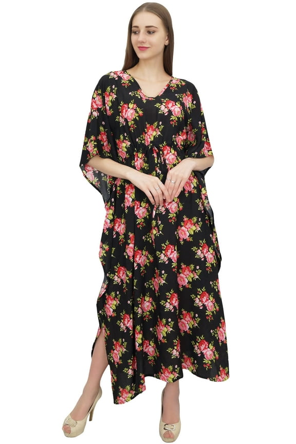 Women's Black Floral Printed Pattern Cotton Caftan With Kimono Sleeve-16