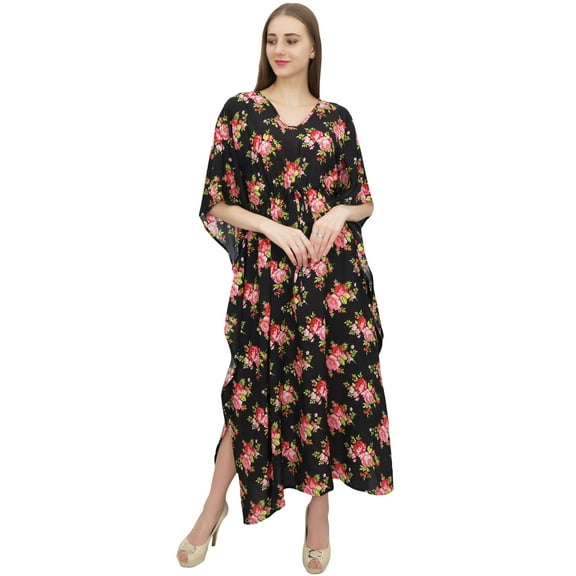 Bimba Women's Black Floral Printed Pattern Cotton Caftan With Kimono Sleeve-4