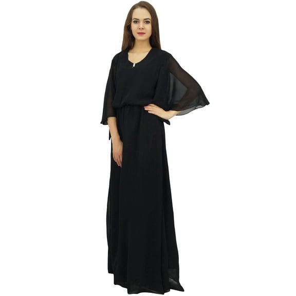 Bimba Women's Black Georgette Elastic Waist With Bell Sleeve Puff Maxi Dress - 4