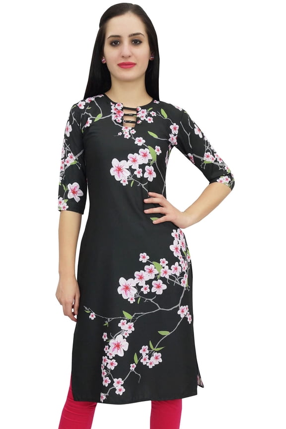 Women's Black Moss Georgette Kurti Summer Floral Printed Tunic Kurta-14