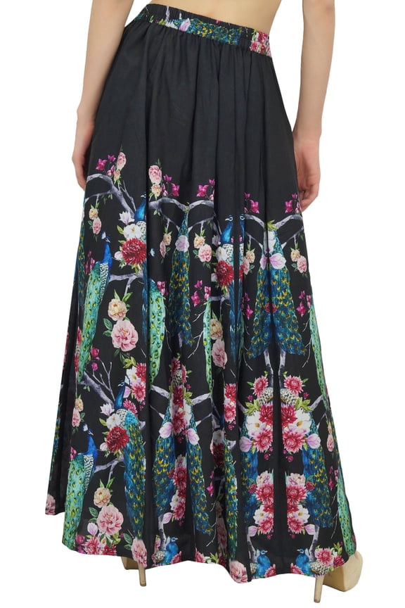 Women's Black Peacock Print Cotton Skirt Elastic Waist Summer Skirts-3XL