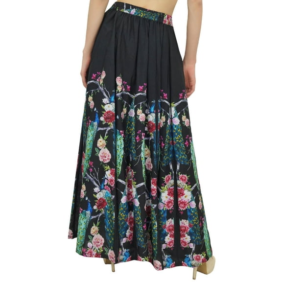 Bimba Women's Black Peacock Print Cotton Skirt Elastic Waist Summer Skirts-S