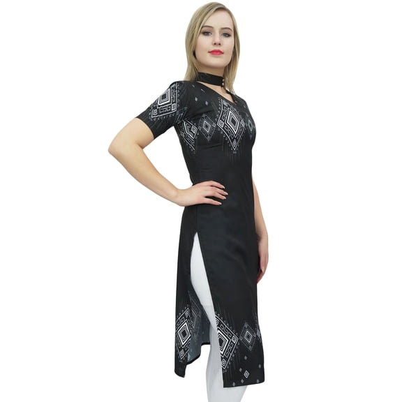 Bimba Women's Black Printed Tunic Top Designer Kurta Short Sleeve Kurti Top-18