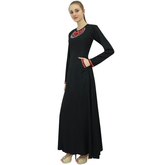 Bimba Women's Black Rayon Aari Work Long Maxi Casual Dress With Pockets-22
