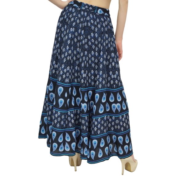 Bimba Women's Block Print Cotton Skirt Elastic Waist Blue Summer Skirts-XL