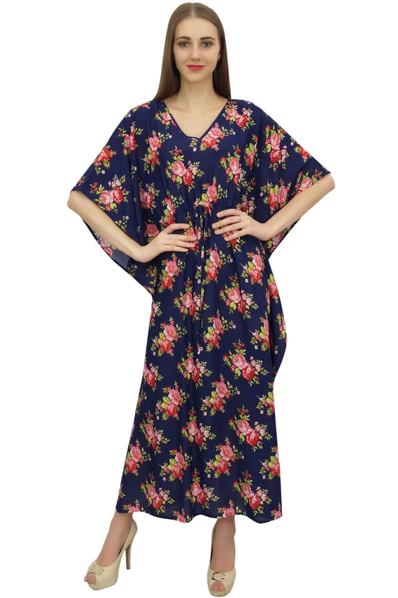 Women's Blue Floral Printed Pattern Cotton Caftan With Kimono Sleeve-12