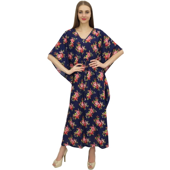 Bimba Women's Blue Floral Printed Pattern Cotton Caftan With Kimono Sleeve-18