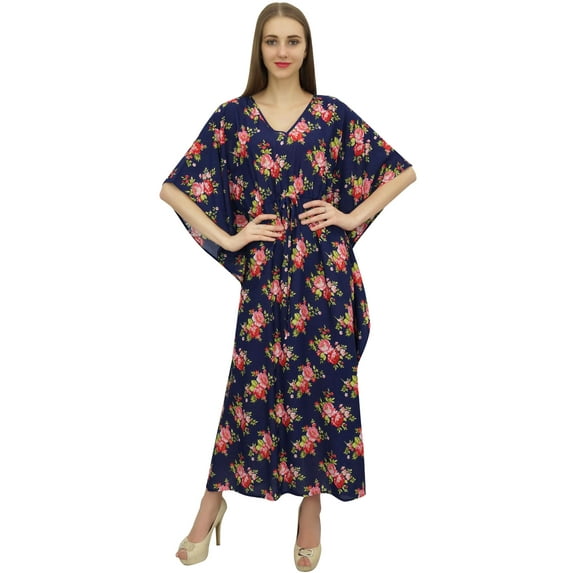 Bimba Women's Blue Floral Printed Pattern Cotton Caftan With Kimono Sleeve-4