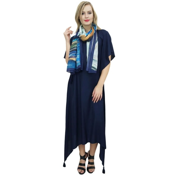 Bimba Women's Blue Sleeve Asymmetrical Hem Maxi Dress with Scarf-18