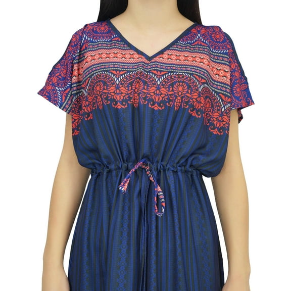 Bimba Women's Bohemian Drawstring Waist Dress Navy Blue Long Maxi Summer Wear-4